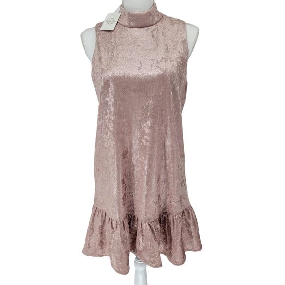 TCEC Blush Pink Velvet Mock Neck Ruffle‎ Mini Dress Party, Wedding, Glam, Size M - Picture 1 of 7
